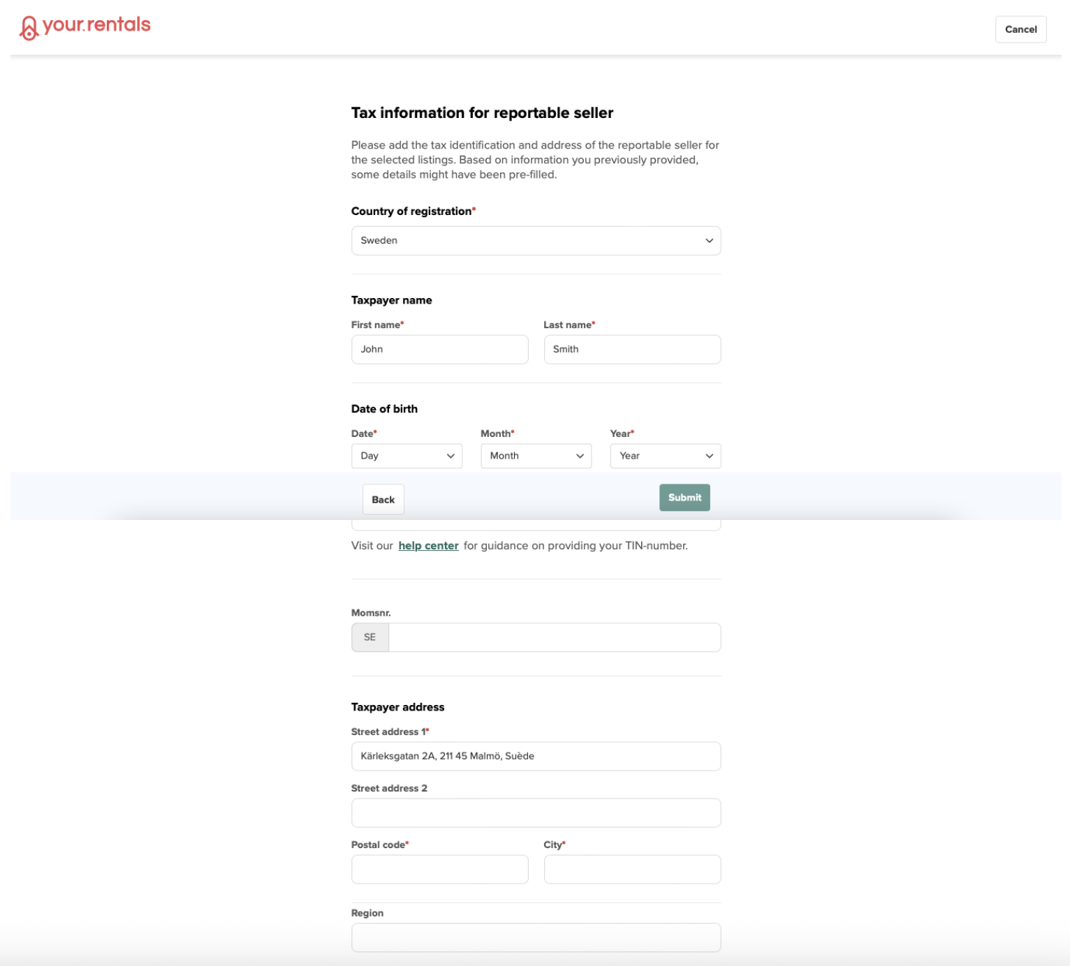 DAC7 tax information form on YourRentals platform requesting personal details, tax ID, and address for EU reporting compliance.