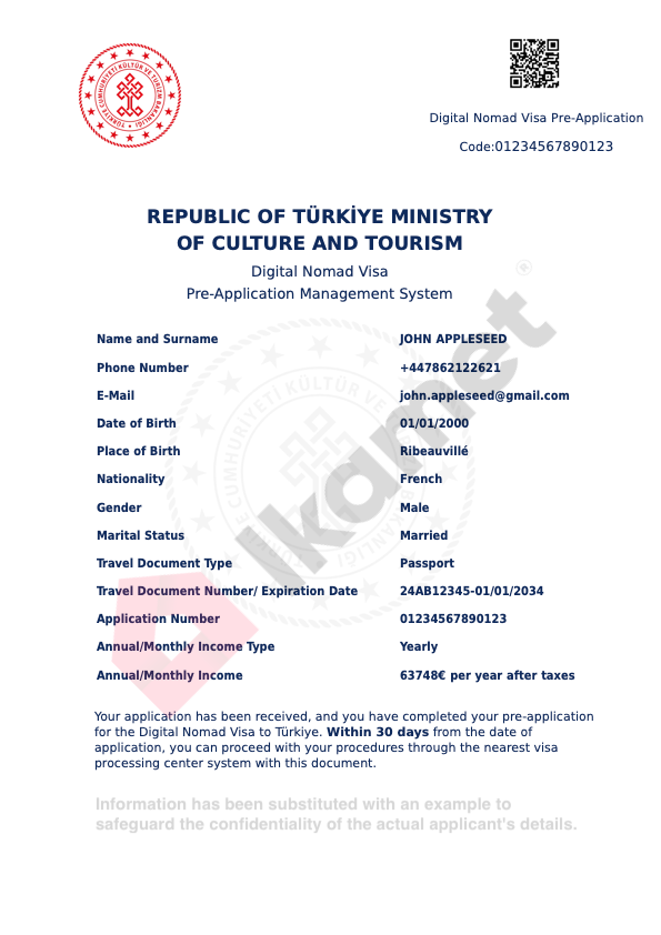 Sample Digital Nomad Identification Certificate issued by the Turkish Ministry of Culture and Tourism. Includes applicant details, document number, income amount, and QR code.