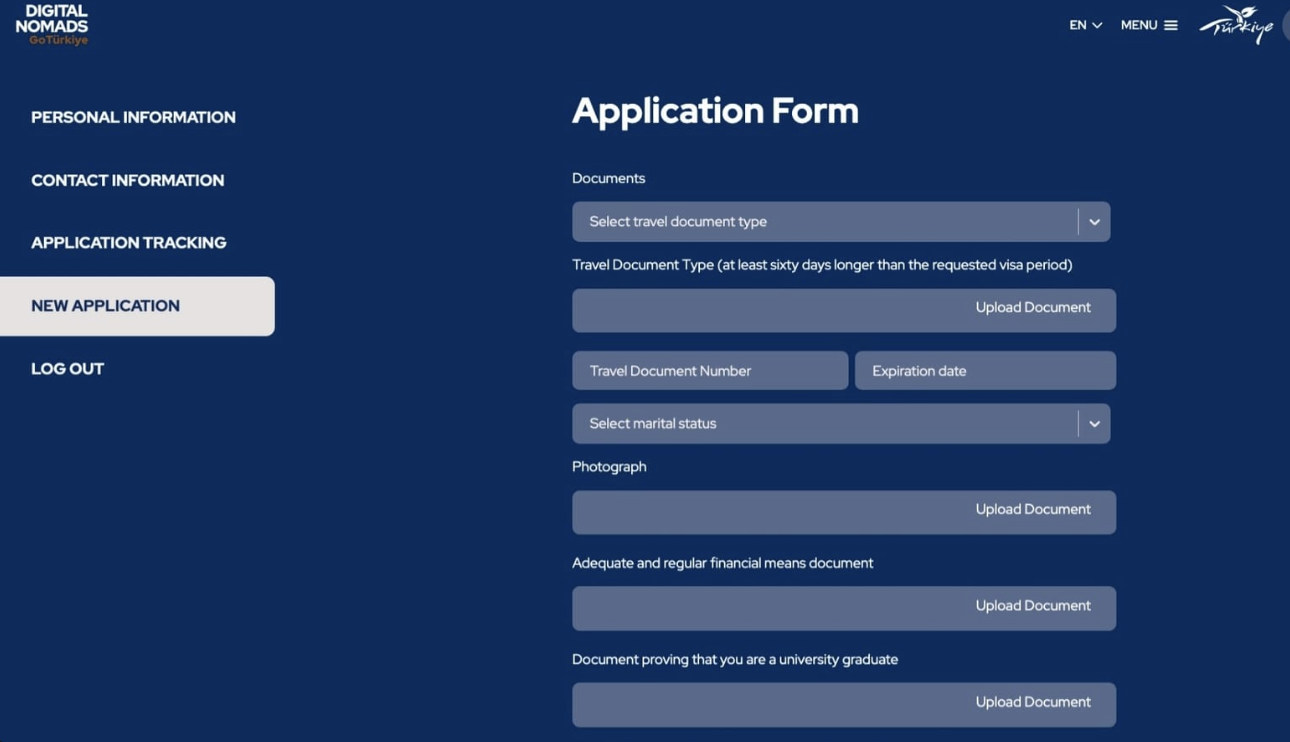 Turkey’s digital nomad visa application form interface showing required fields for travel documents, financial proof, and a university degree.