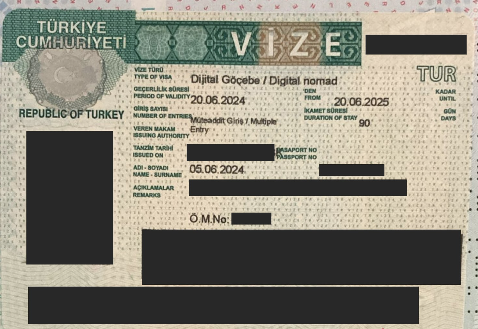 Close-up of Turkey’s official digital nomad visa showing entry type, validity period, and 90-day stay duration.