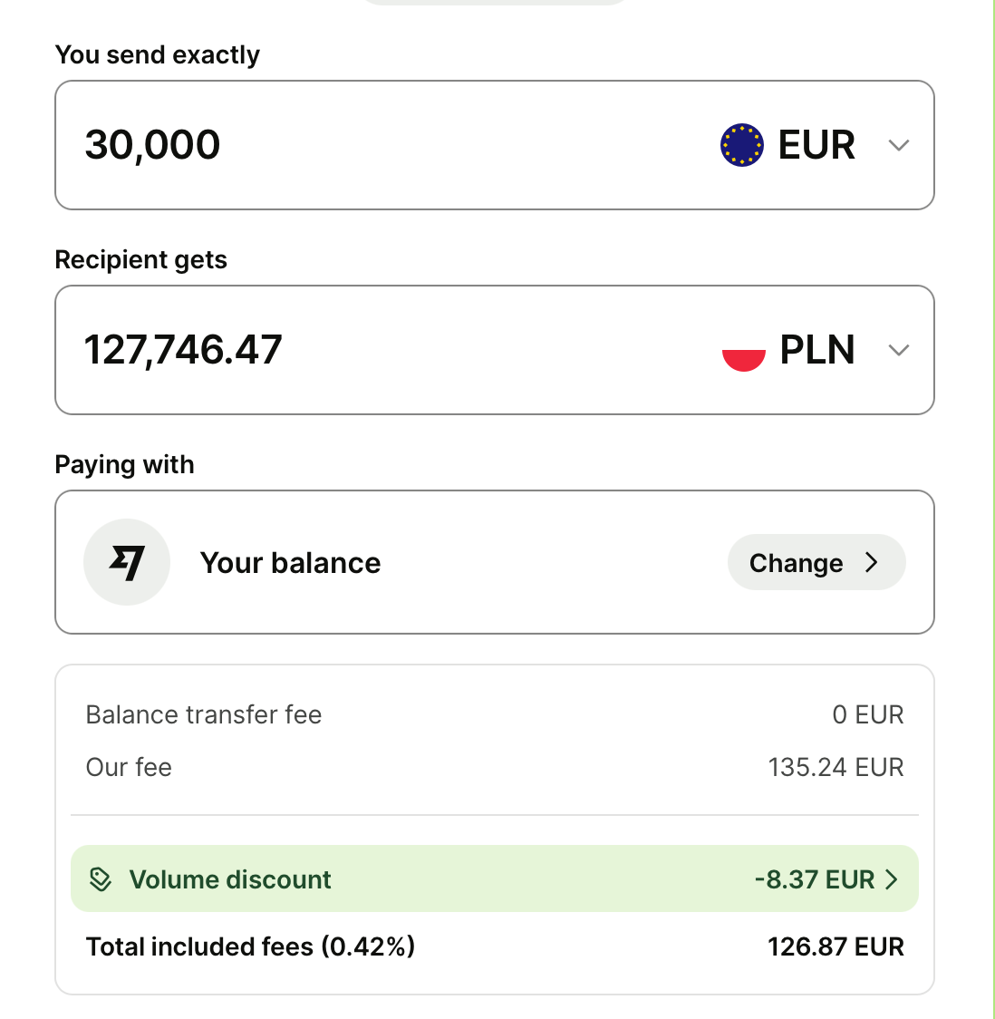  A screenshot showing the discount for sending €30,000 to Poland.