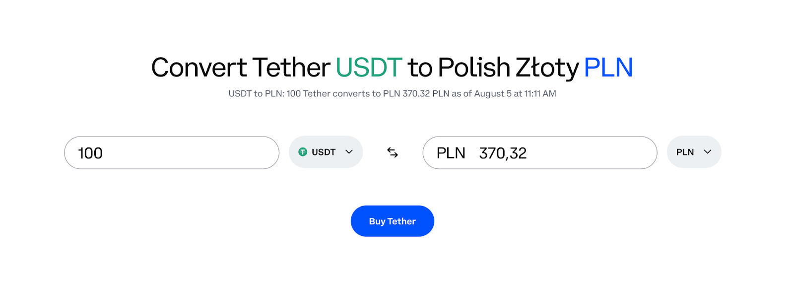 A screenshot of the Coinbase USDT to PLN conversion
