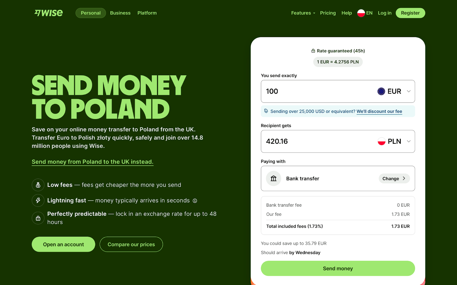  A screenshot of the Wise homepage showing the current exchange rate and fee for transferring 100 euros to Poland.