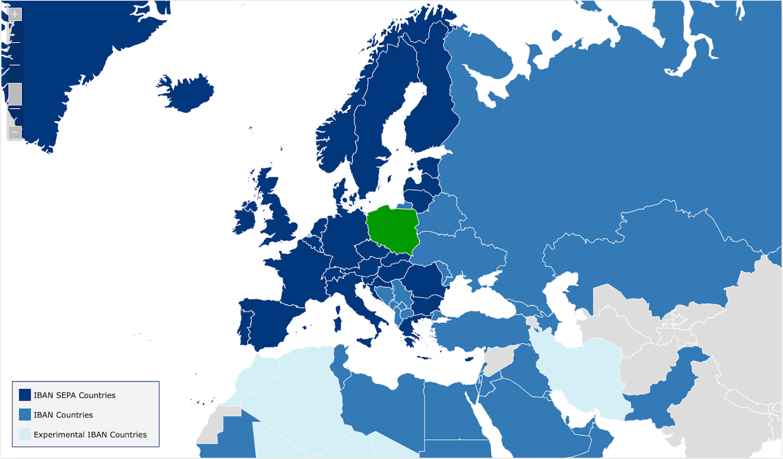 a map showing countries that use the IBAN standard