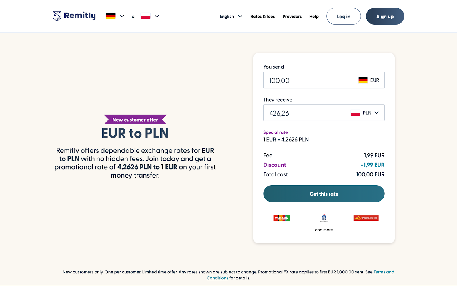 A screenshot of the Remitly homepage showing the current exchange rate and fee for transferring 100 euros to Poland.