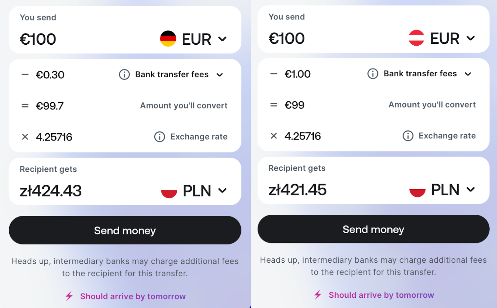 A collage of Revolut's transfer fees from two different countries to Poland