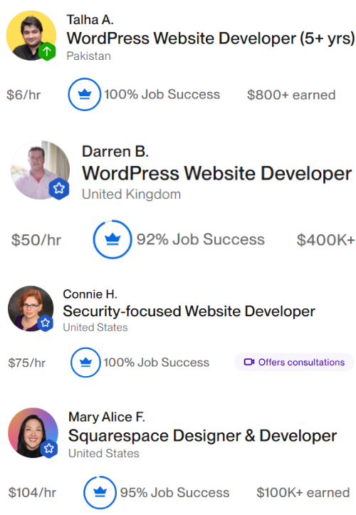 A selection of four different web developers on Fiverr offering hourly rates from $6 to $104.