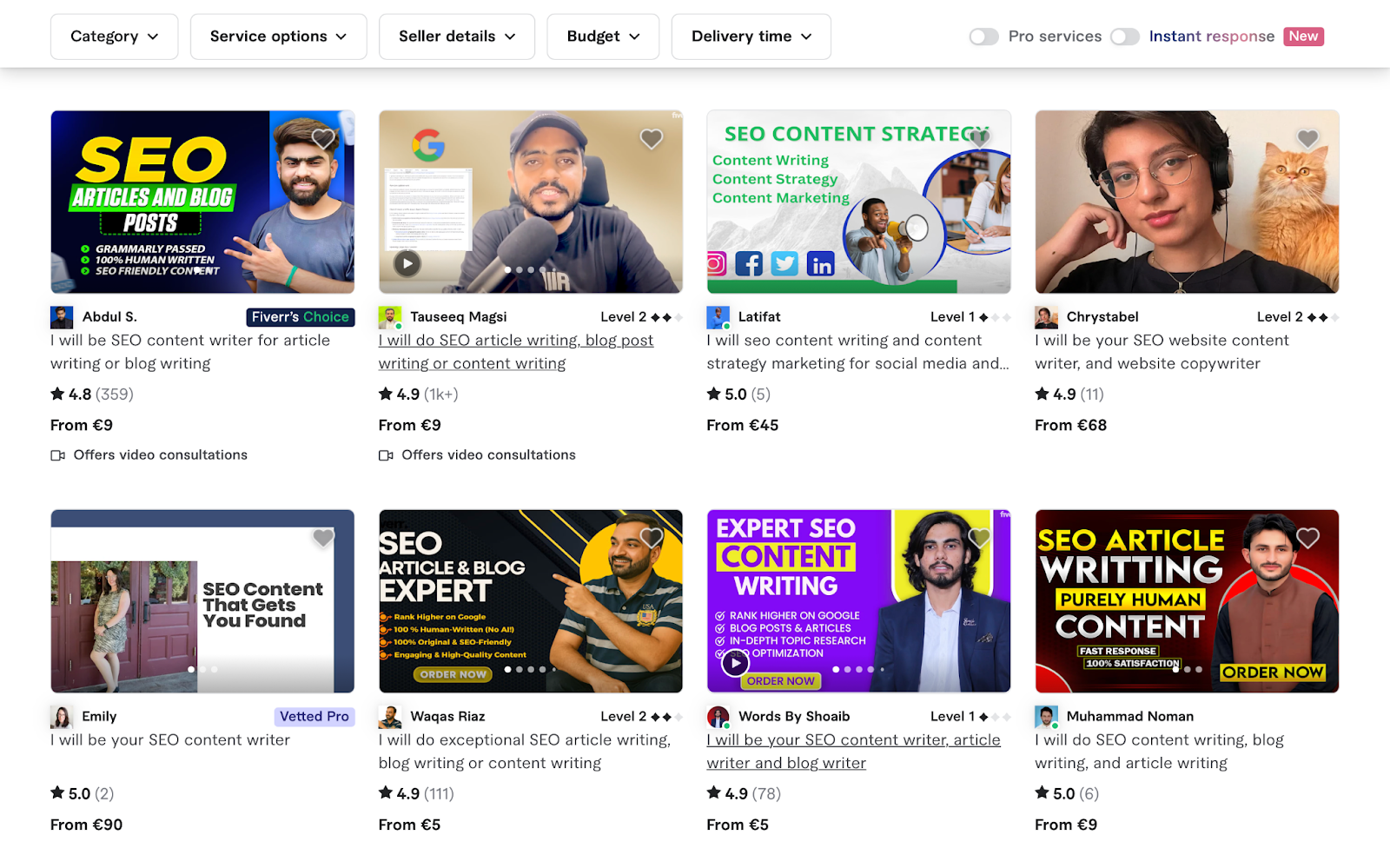 A screenshot showing the top results for "SEO content writer" search on Fiverr.