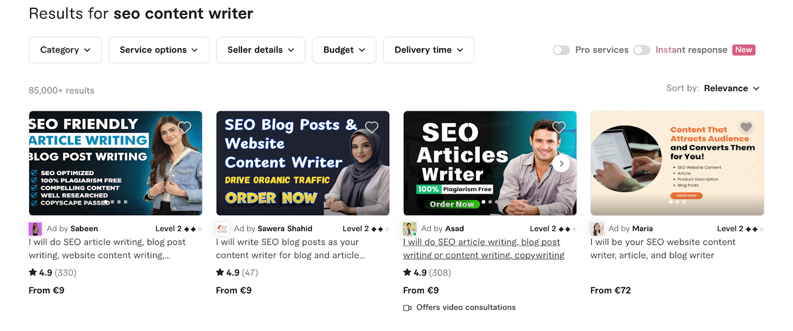 A screenshot of the Fiverr search page showing paid ads