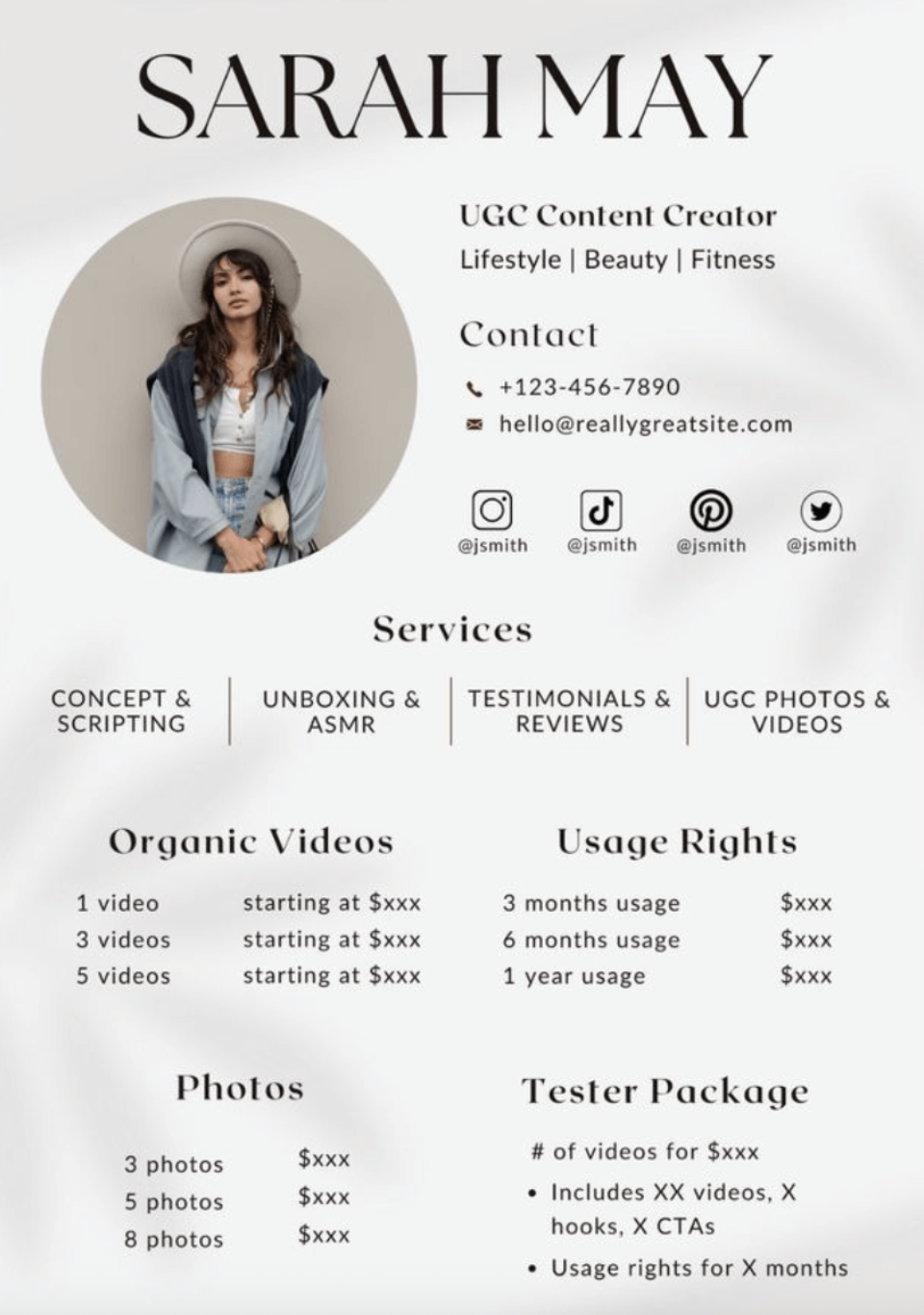 Minimalist influencer rate card for Sarah May, showing services, pricing for videos and photos, and contact info.