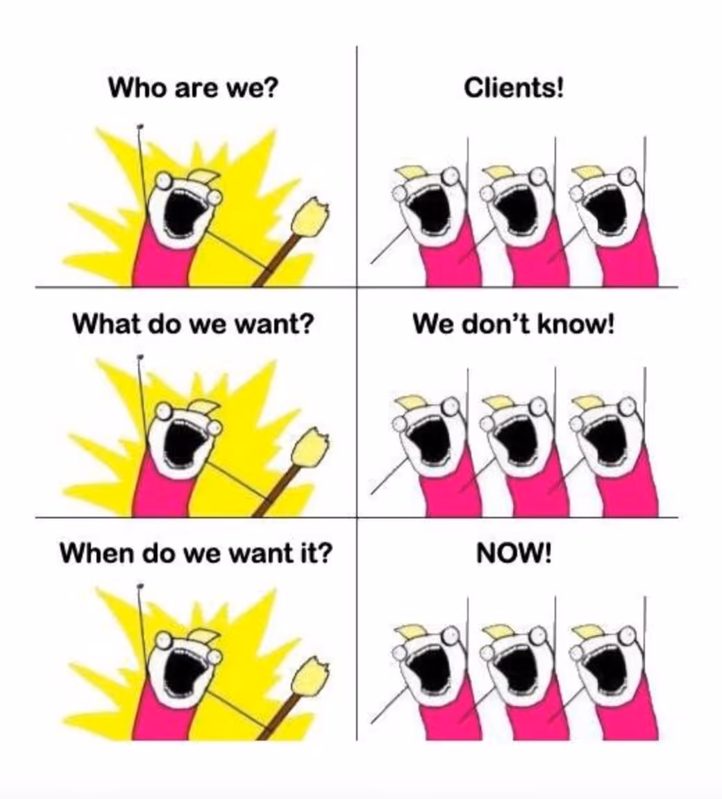 A four-panel comic featuring cartoons portraying indecisive yet demanding clients.