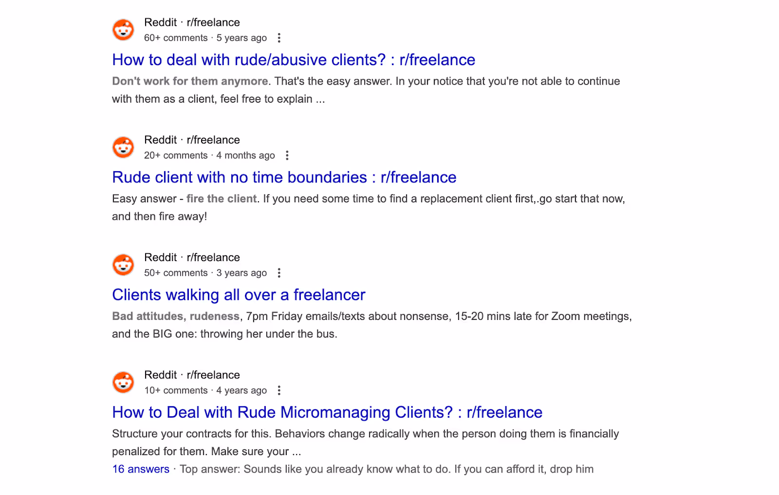 Screenshot of Reddit r/freelance threads discussing rude clients, poor boundaries, and micromanagement, with users sharing advice on ending toxic client relationships.