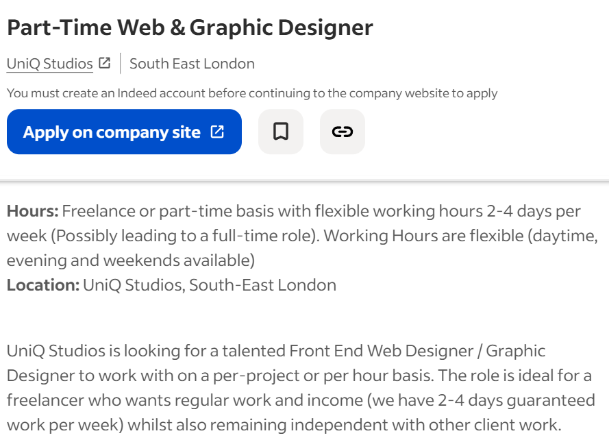 A job posting on Indeed by UniQ Studios agency looking for a part-time web and graphic designer. 
