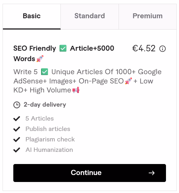 A Basic package on Fiverr offering SEO-friendly article writing service for £4.52.