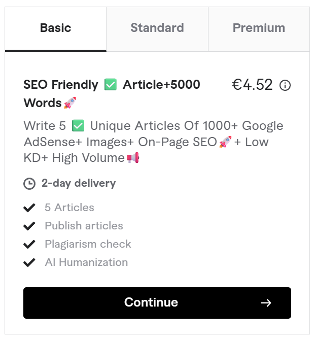 A Basic package on Fiverr offering SEO-friendly article writing service for £4.52. 