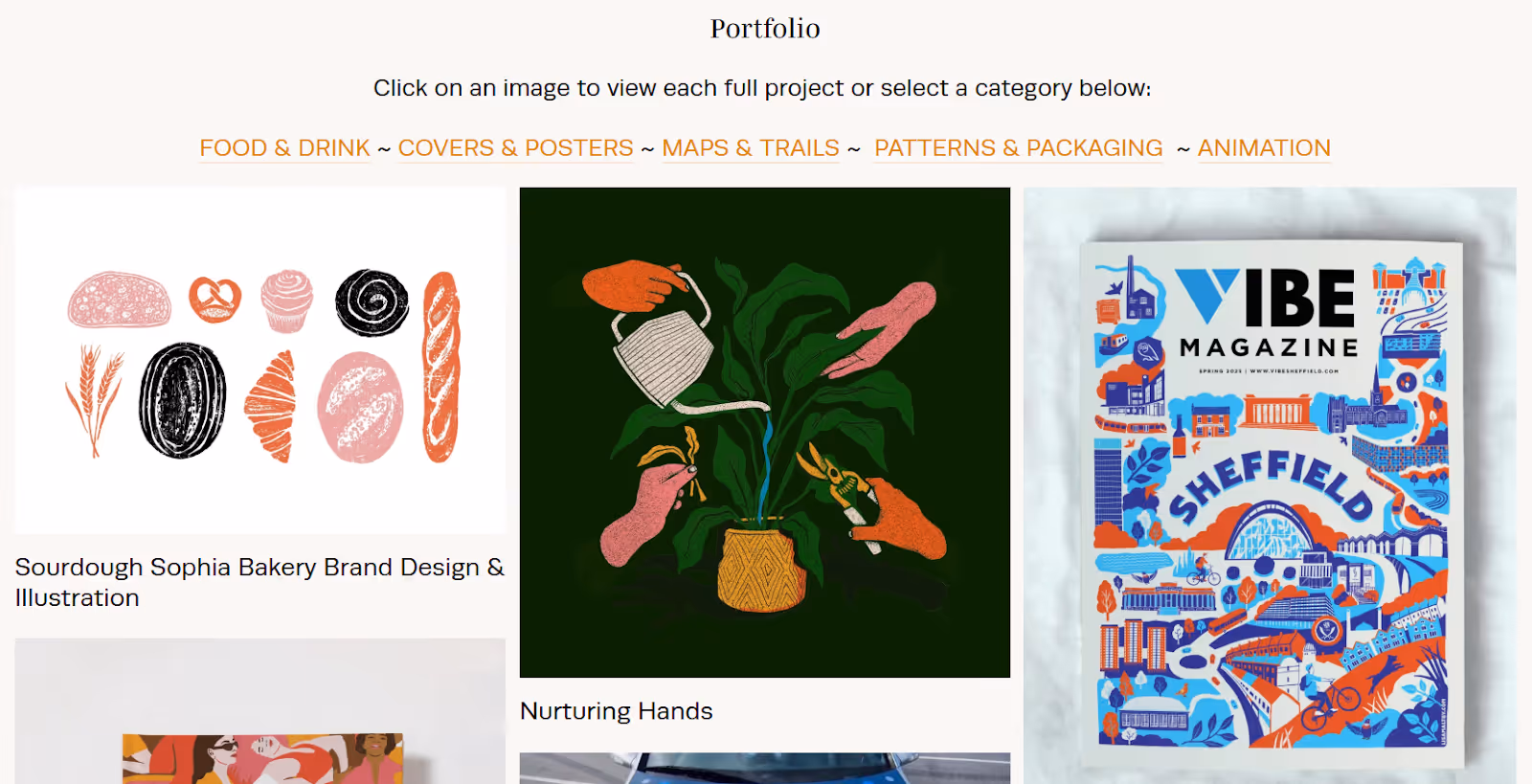 Lisa Maltby’s portfolio page on her website with a light minimalist background and simple navigation.