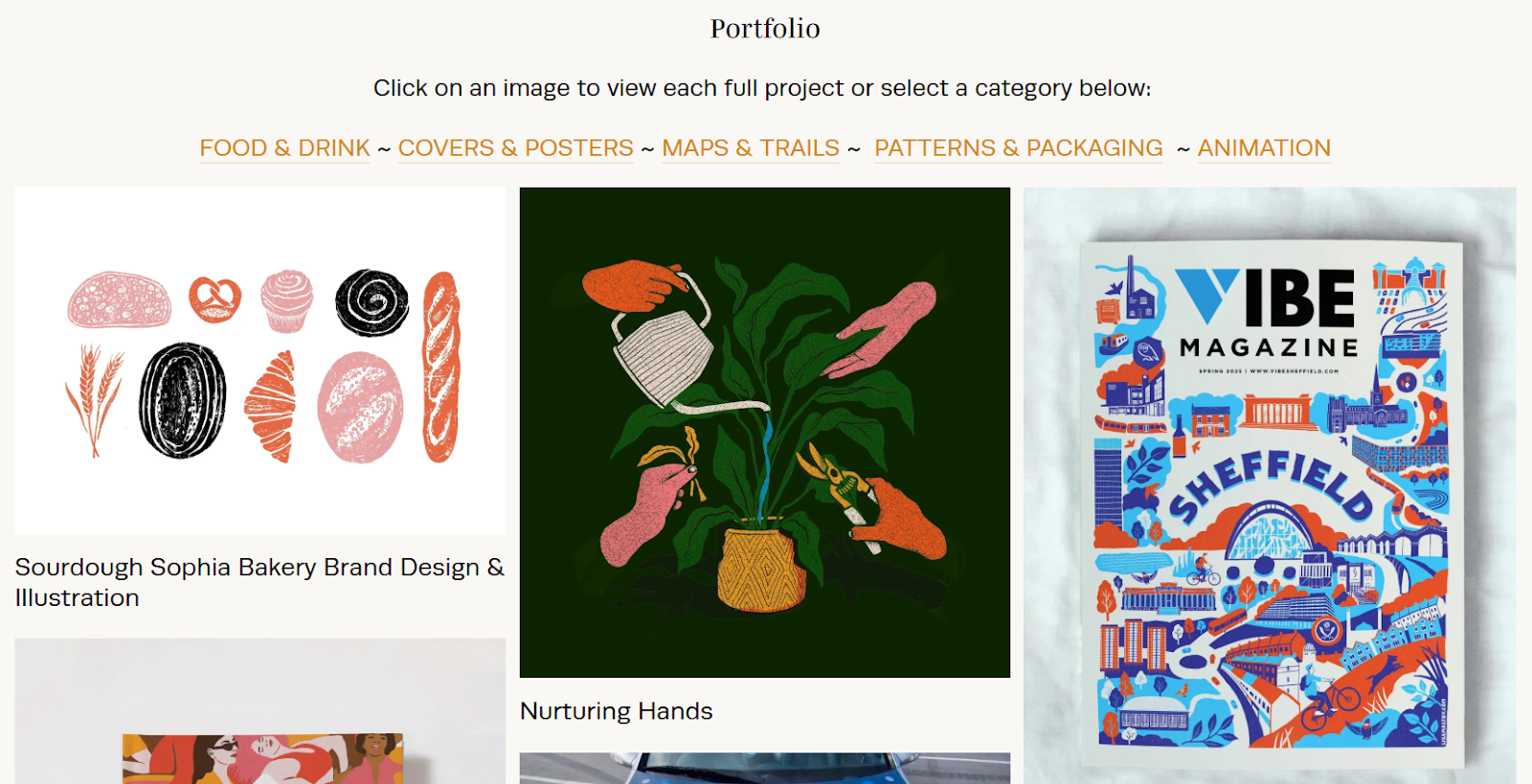 Lisa Maltby’s portfolio page on her website with a light minimalist background and simple navigation. 