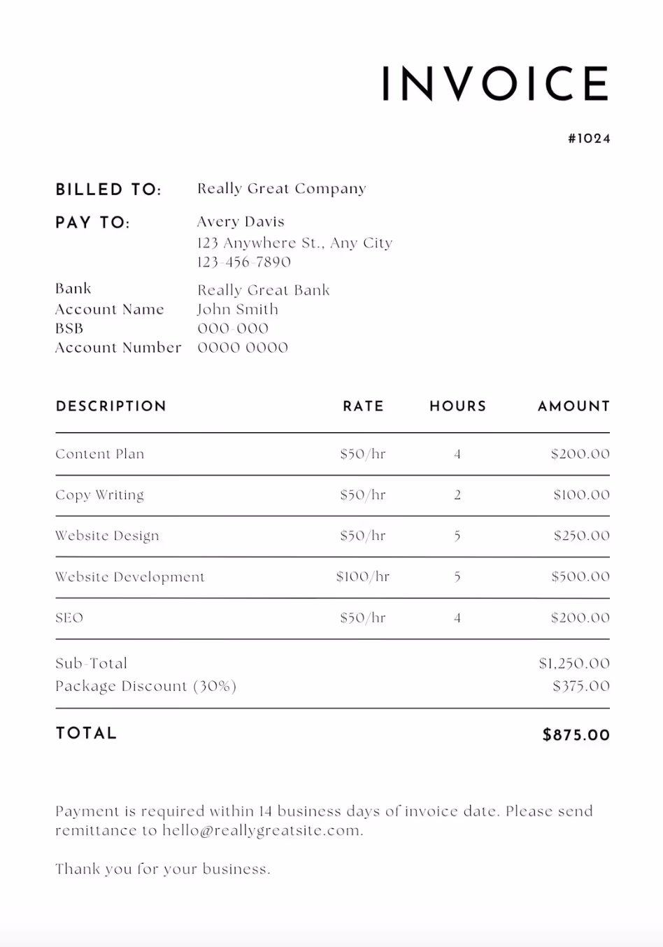 Freelance invoice example showing service breakdown, hourly rates, discount, total, and 14-day payment terms.