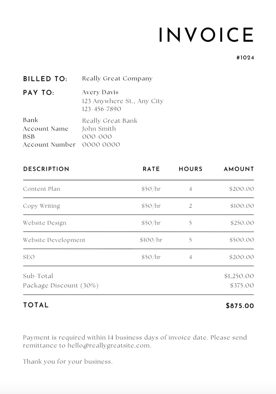 Freelance invoice example showing service breakdown, hourly rates, discount, total, and 14-day payment terms.