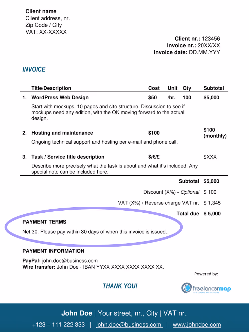 “Sample freelance invoice showing payment terms section with ‘Net 30: Please pay within 30 days of when this invoice is issued’ highlighted in purple.