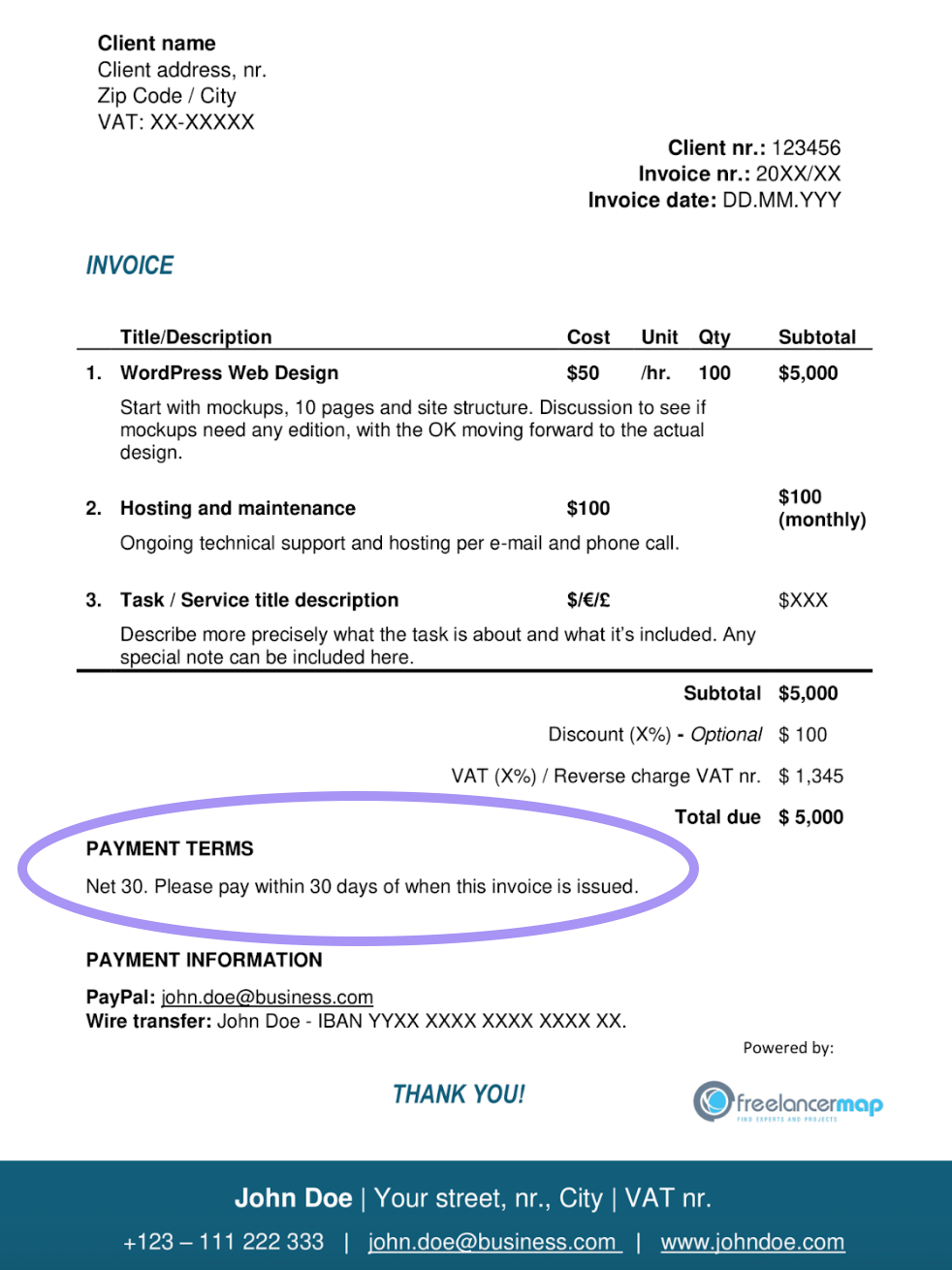 “Sample freelance invoice showing payment terms section with ‘Net 30: Please pay within 30 days of when this invoice is issued’ highlighted in purple.