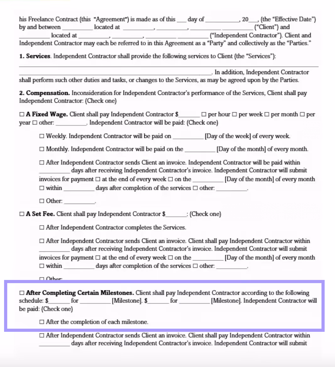 Freelance contract template showing milestone payment option, with relevant section highlighted to illustrate staged payment agreements between client and contractor.