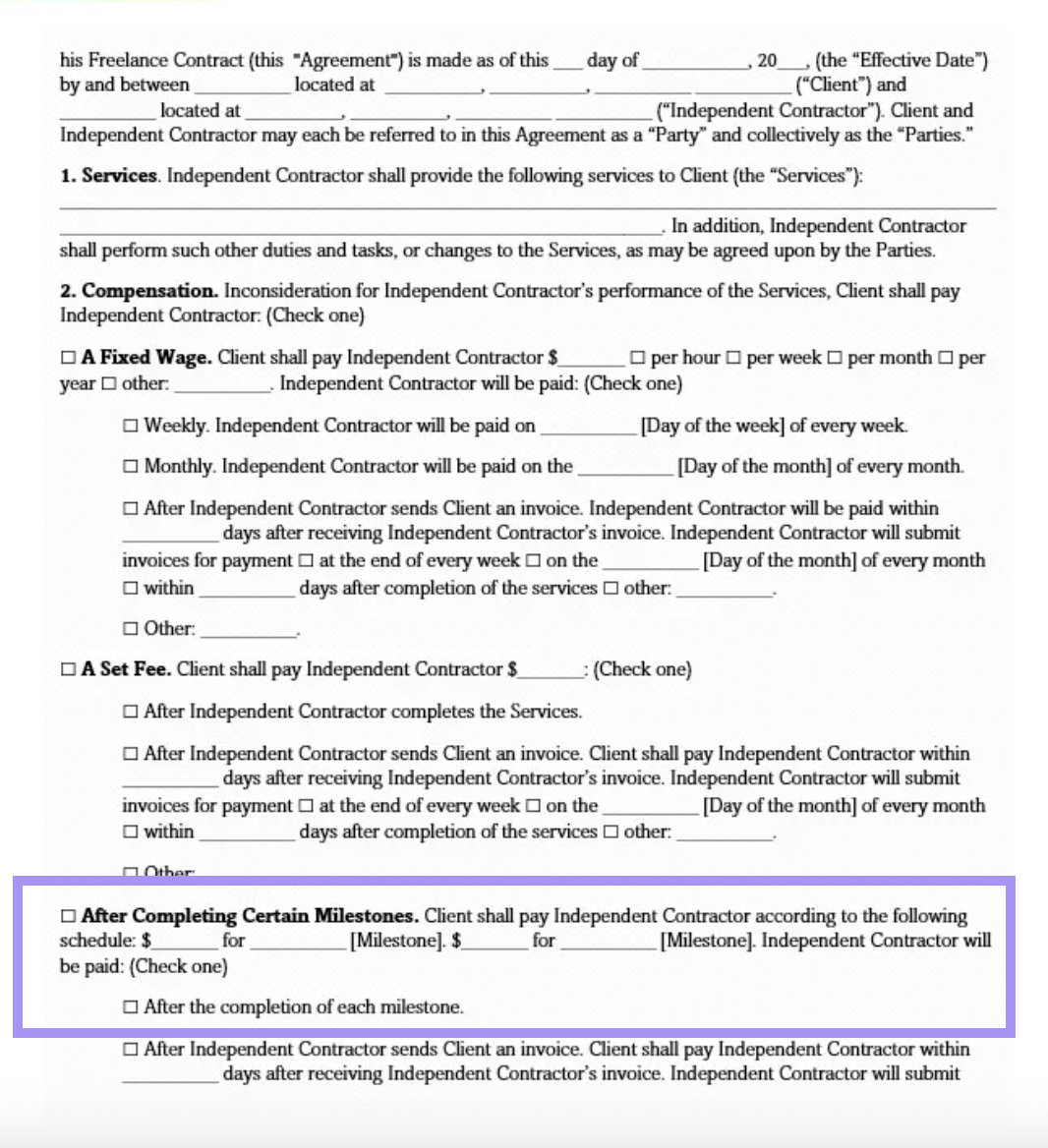 Freelance contract template showing milestone payment option, with relevant section highlighted to illustrate staged payment agreements between client and contractor.