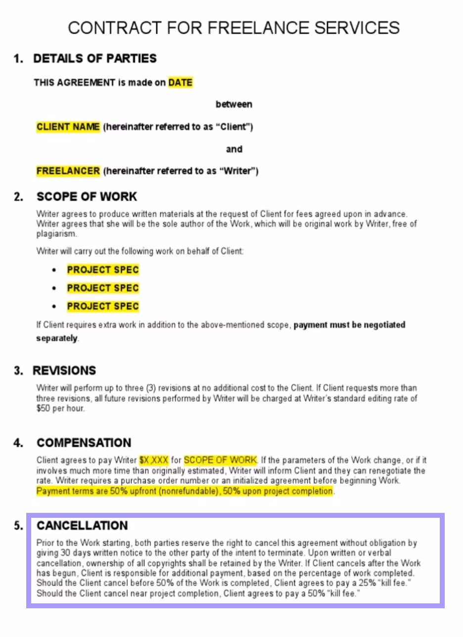 A freelance services contract highlighting a “Cancellation” clause.