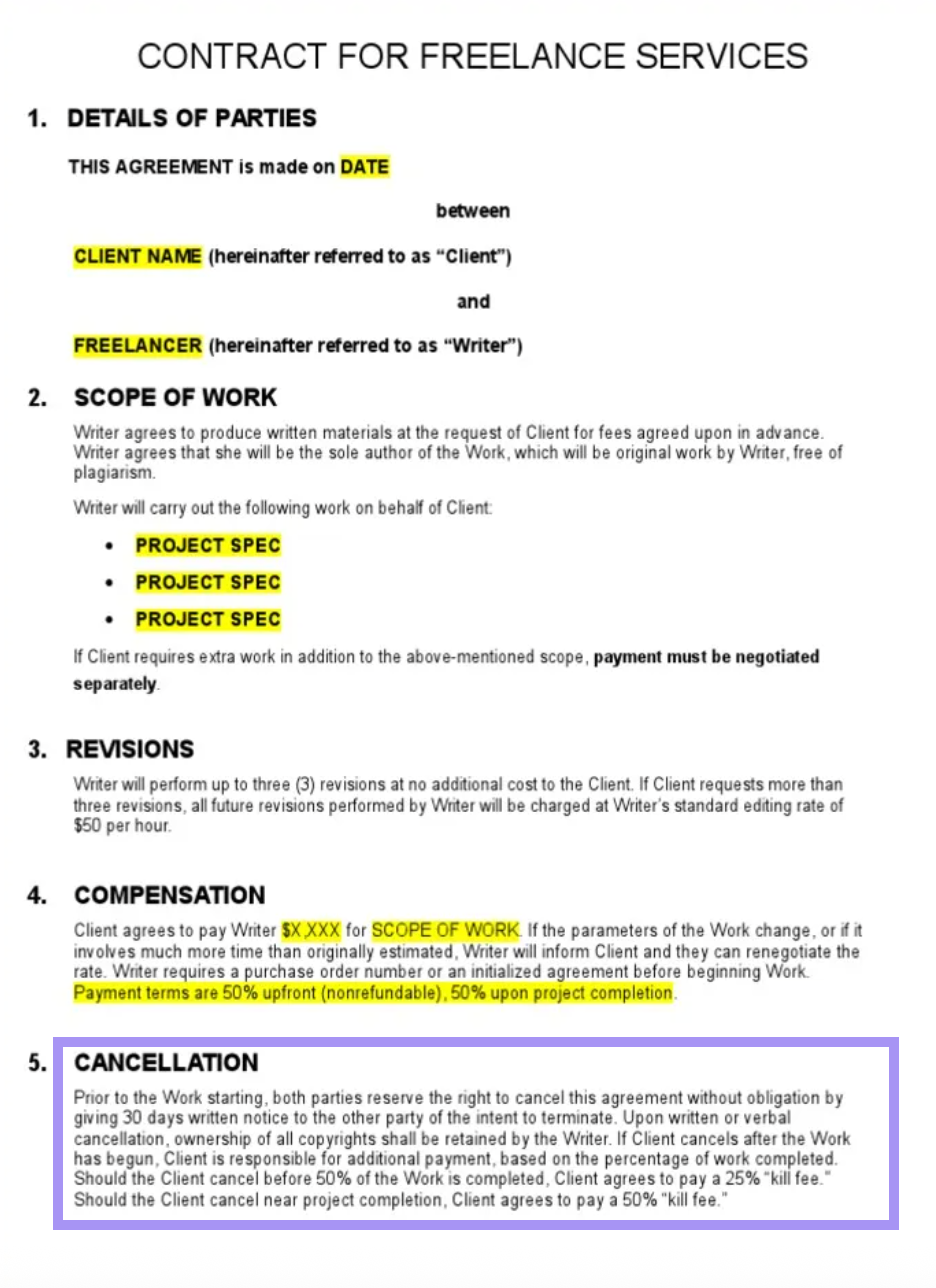 A freelance services contract highlighting a “Cancellation” clause.