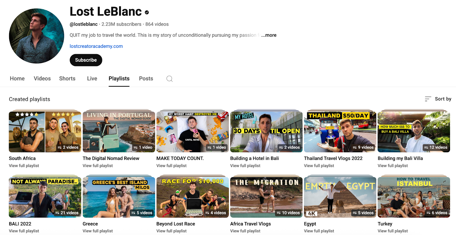 Lost LeBlanc YouTube playlists featuring travel content from Bali, Thailand, and Portugal, with a focus on lifestyle, storytelling, and cinematic guides.