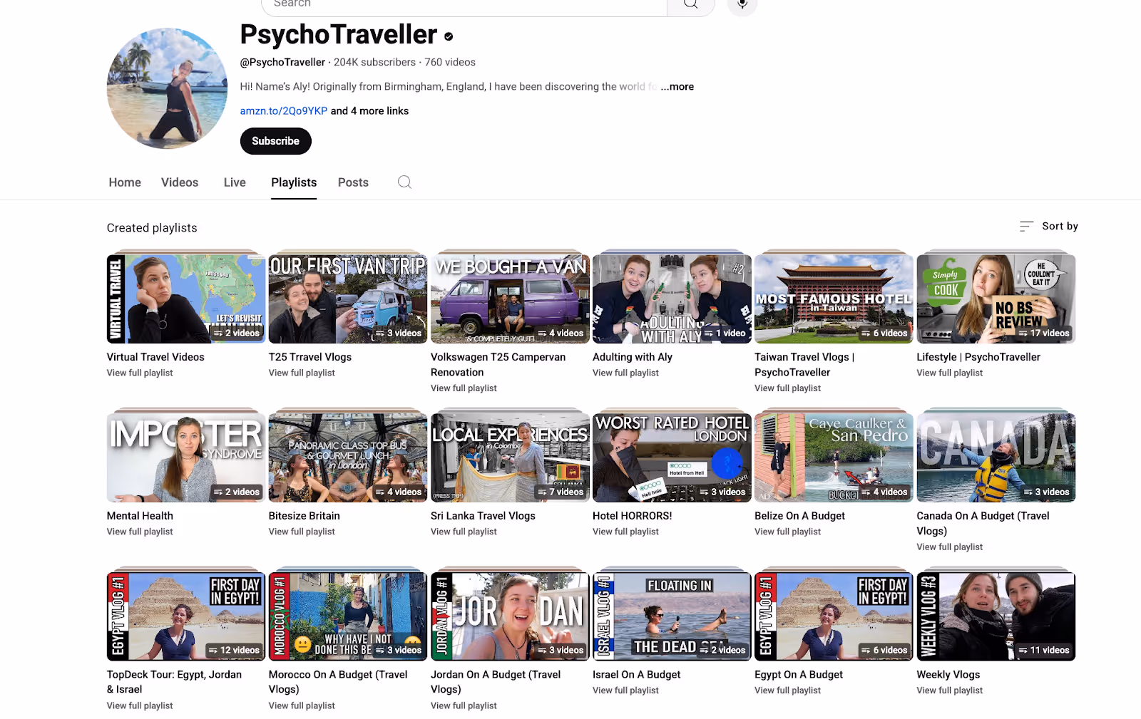 Screenshot of PsychoTraveller’s YouTube playlists, featuring budget travel vlogs, van life, and lifestyle content.