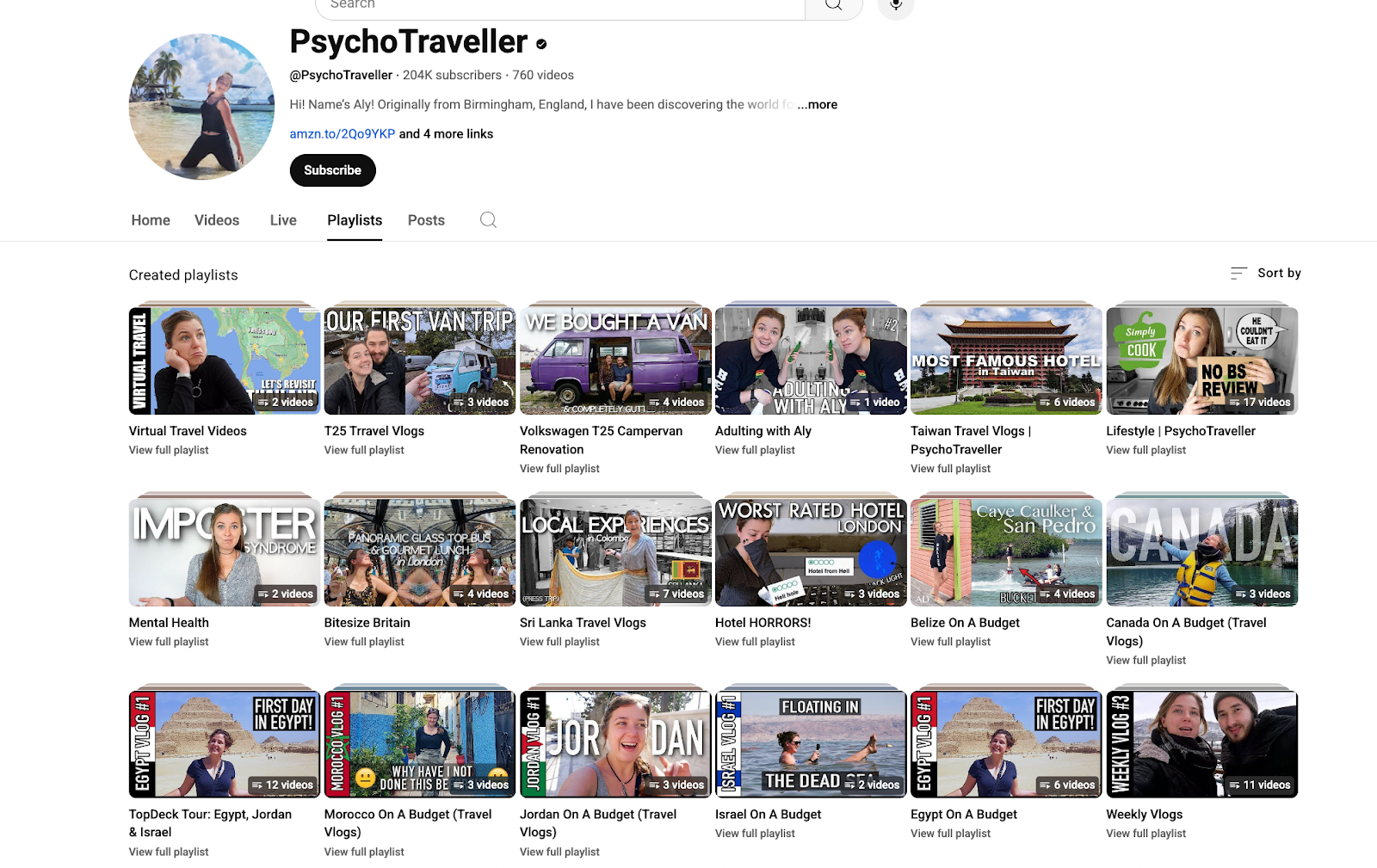 Screenshot of PsychoTraveller’s YouTube playlists, featuring budget travel vlogs, van life, and lifestyle content.