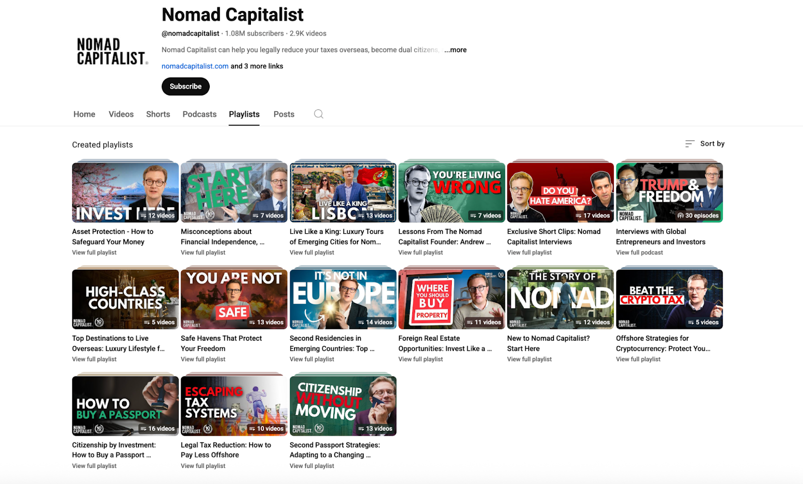 YouTube playlists from Nomad Capitalist featuring tax reduction, second passports, and offshore strategies, with bold text thumbnails.
