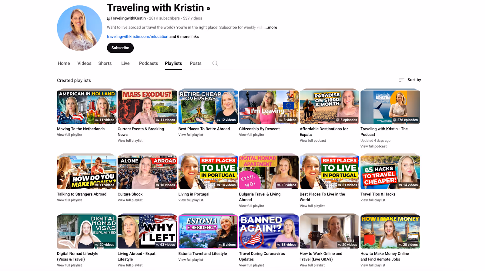 Screenshot of the YouTube channel Traveling with Kristin, showing playlist thumbnails on topics like moving abroad, digital nomad visas, remote work, and cost-of-living tips.