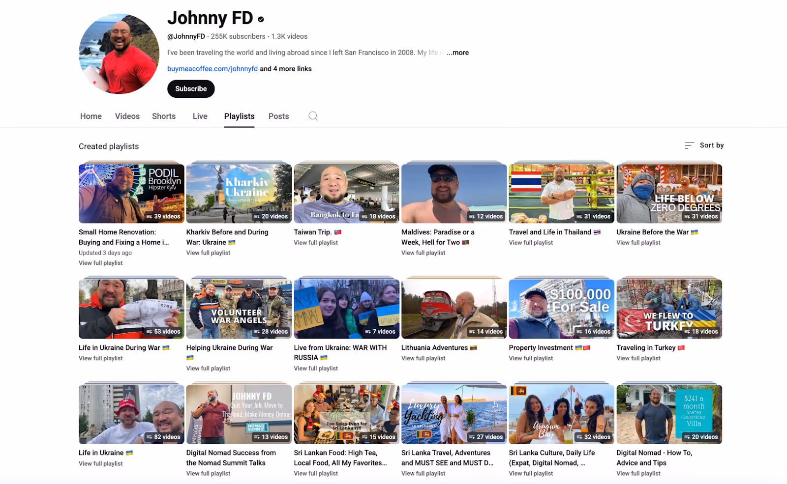 ohnny FD YouTube channel playlists showing digital nomad content on Thailand, Sri Lanka, online business, Nomad Summit talks, and remote work tips.