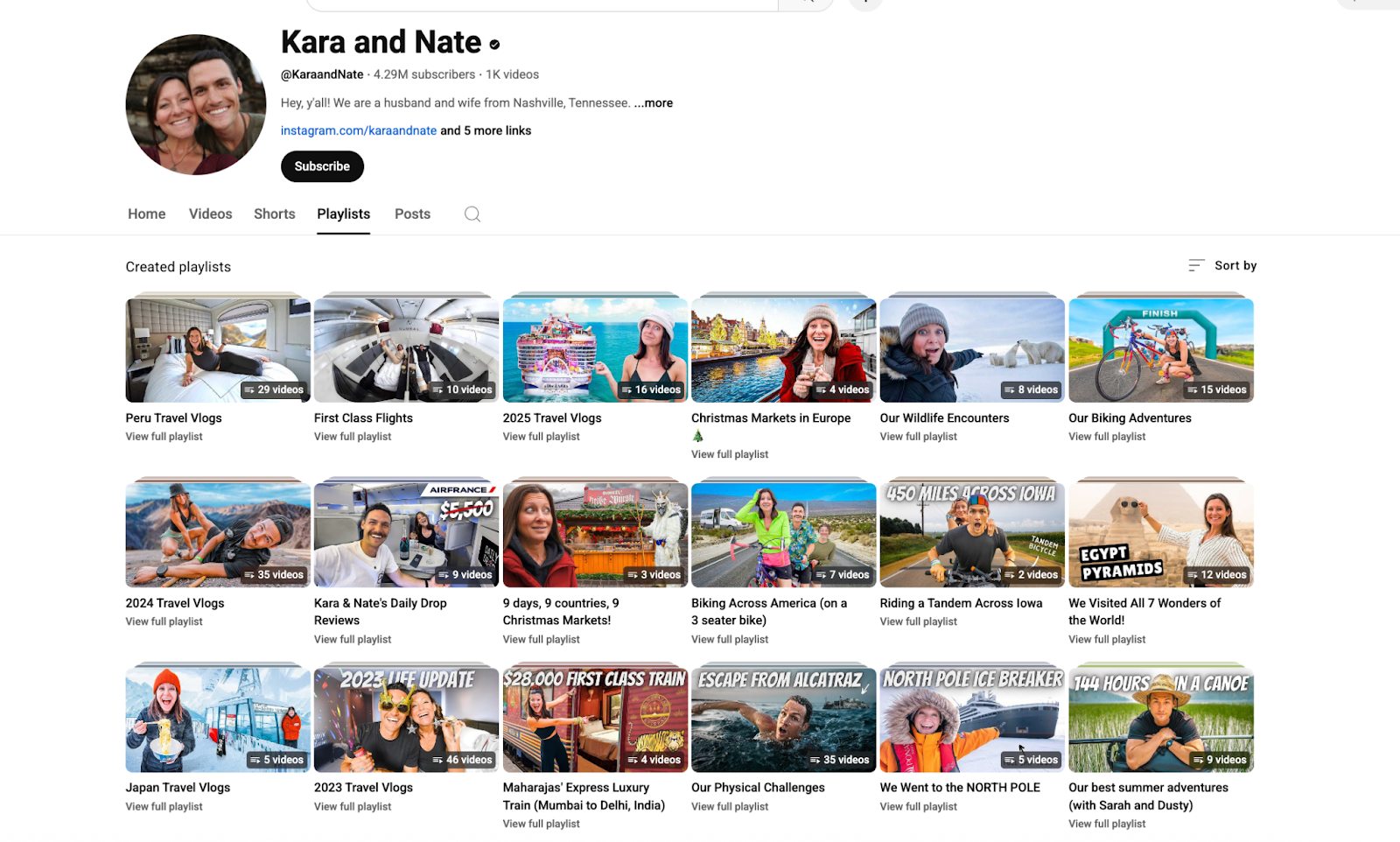 Kara and Nate’s YouTube playlists featuring global travel series and adventure vlogs