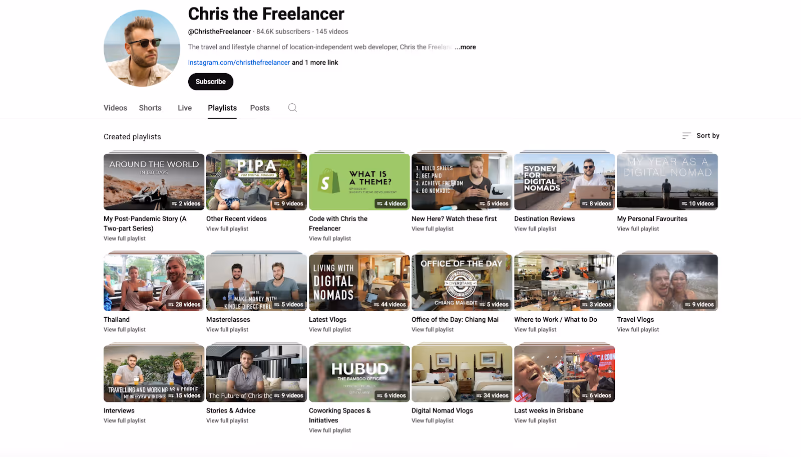 Chris the Freelancer’s YouTube playlists, featuring vlogs, coworking space reviews, coding tutorials, and destination guides for digital nomads.