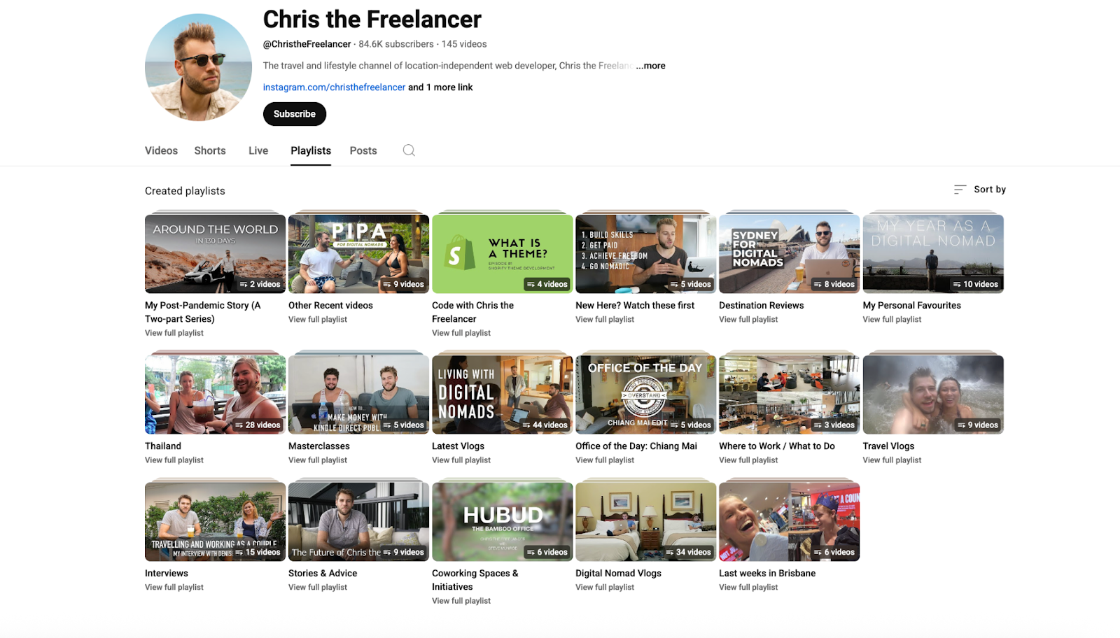 Chris the Freelancer’s YouTube playlists, featuring vlogs, coworking space reviews, coding tutorials, and destination guides for digital nomads.