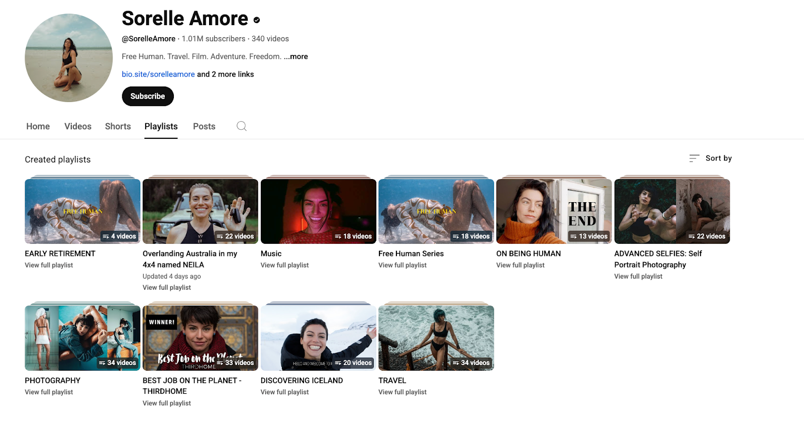 Screenshot of Sorelle Amore’s YouTube playlists, featuring topics like early retirement, self-portrait photography, overlanding, and slow travel.
