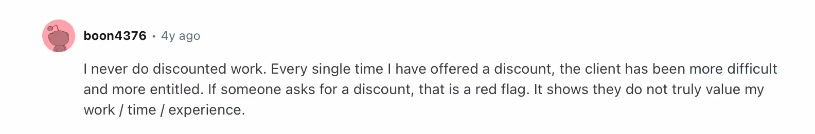 A Reddit comment about providing discounts for clients