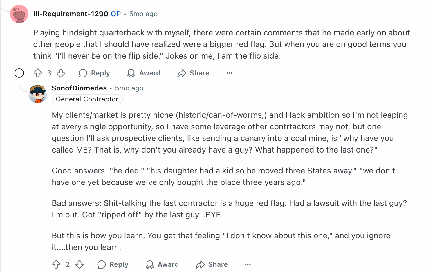 A thread on Reddit discussing the negative comments about the previous contractor as a potential red flag in a client