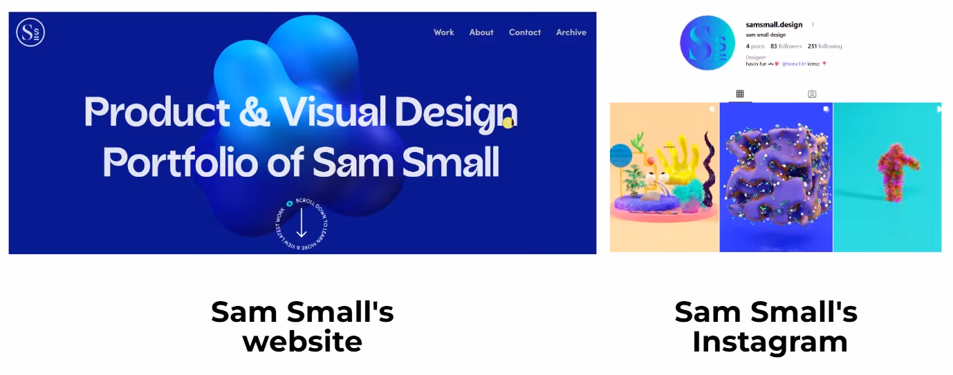 Website and Instagram of designer Sam Small sharing the same logo, naming, and color palette.