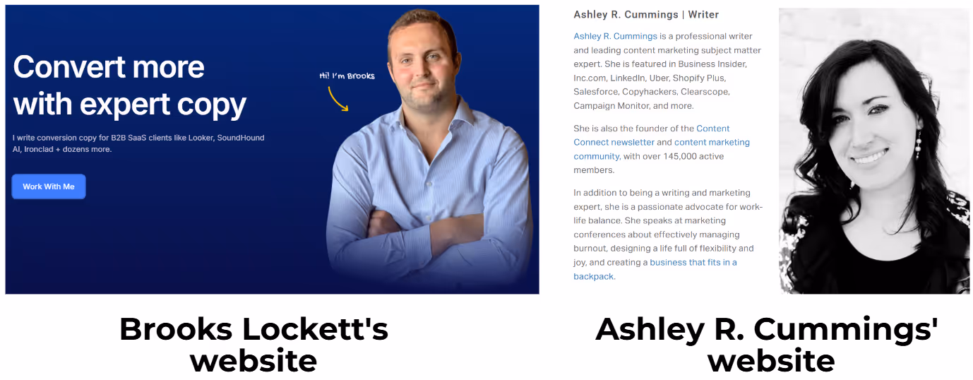 A comparison of two copywriters’ websites, one featuring a friendlier, 1-st person description vs a more official 3-d person one.