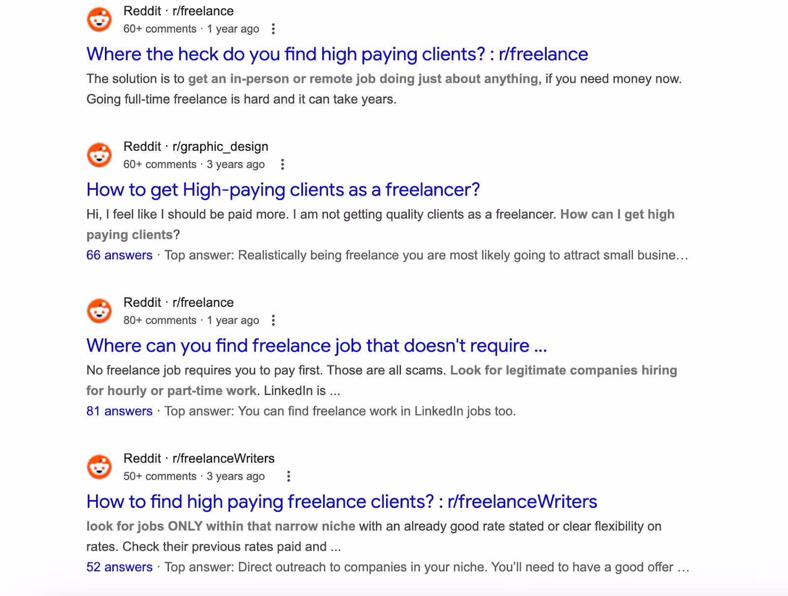 Google search results showing Reddit threads where freelancers ask how to find high-paying clients