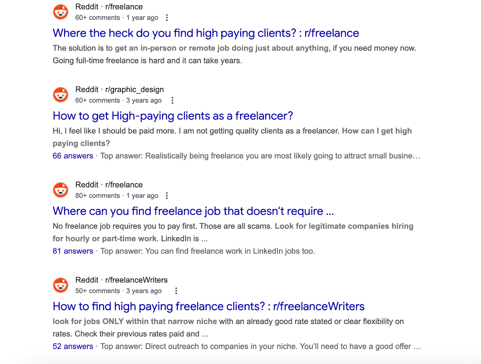 Google search results showing Reddit threads where freelancers ask how to find high-paying clients