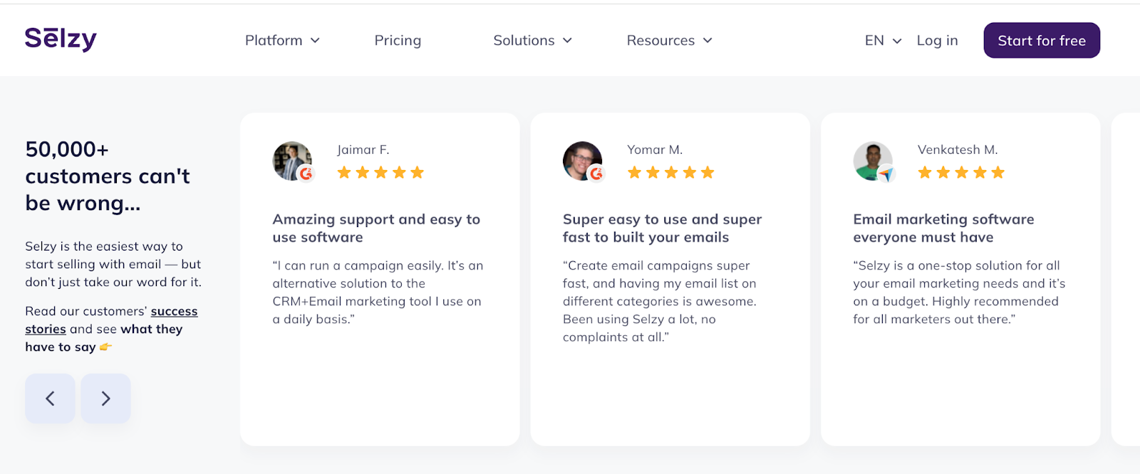 Screenshot of Selzy’s website showing the headline “50,000+ customers can’t be wrong.”