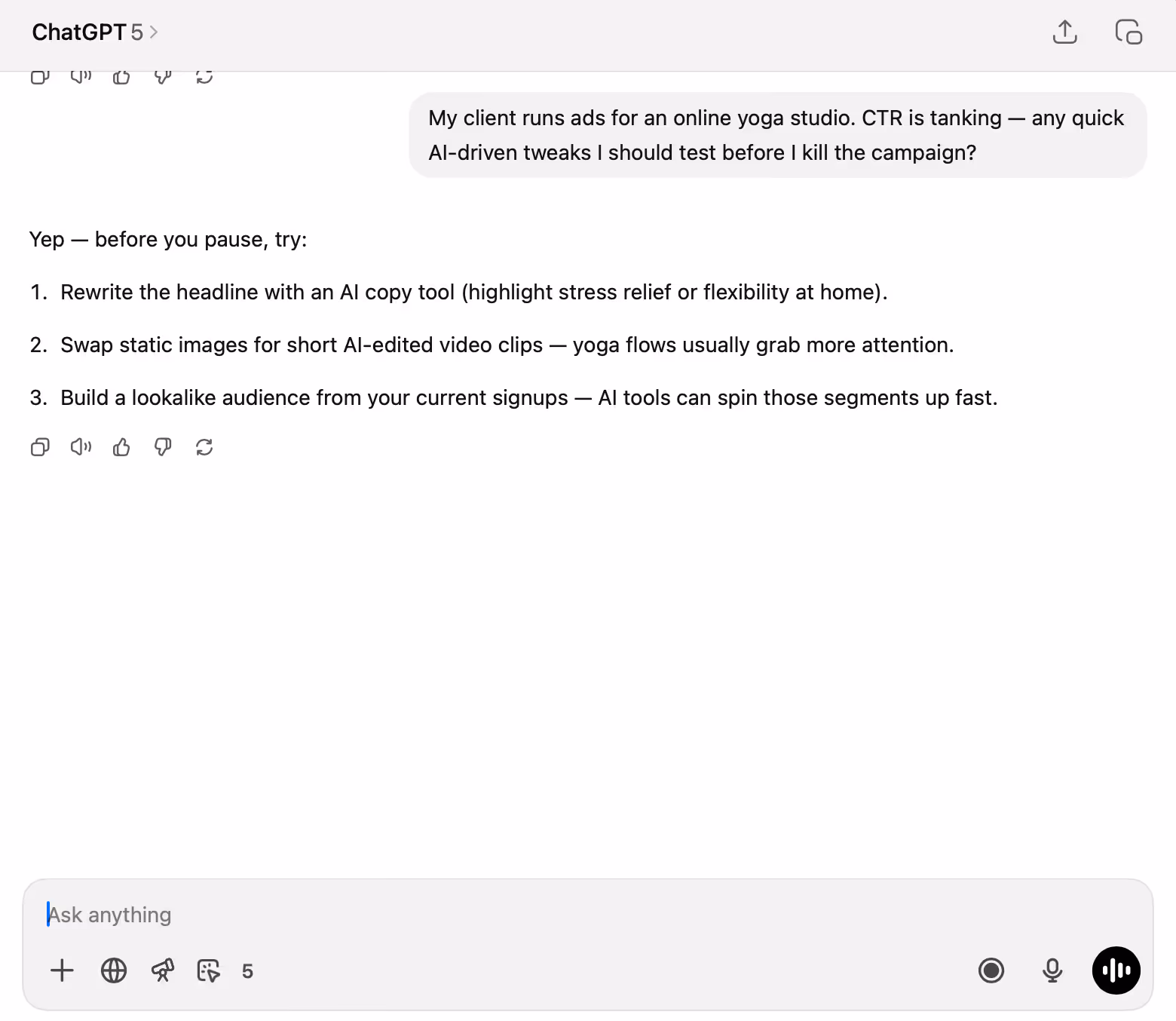 ChatGPT screenshot: user asks about fixing low CTR on yoga ads; ChatGPT suggests new headlines, video clips, and lookalike audiences.