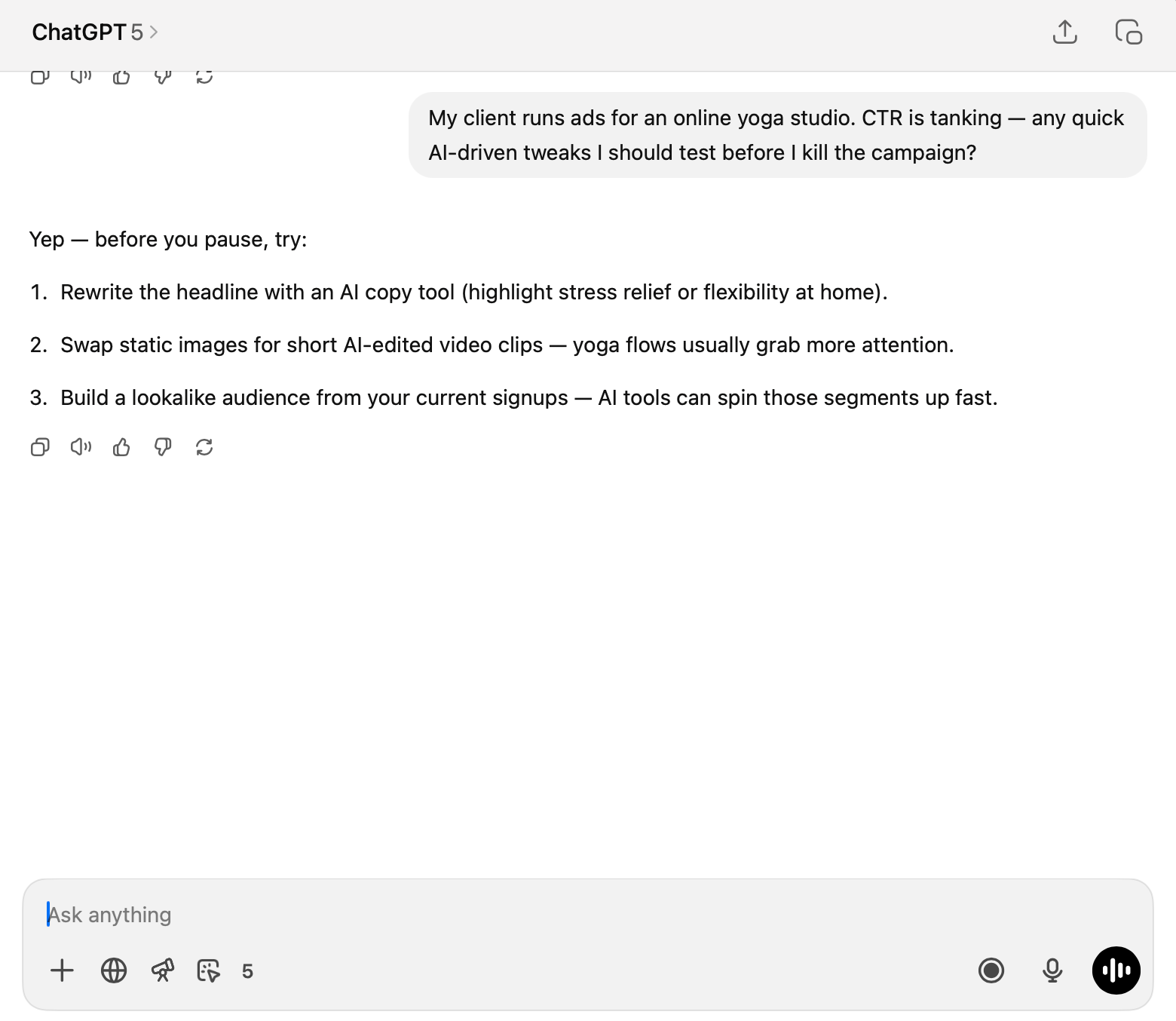 ChatGPT screenshot: user asks about fixing low CTR on yoga ads; ChatGPT suggests new headlines, video clips, and lookalike audiences.