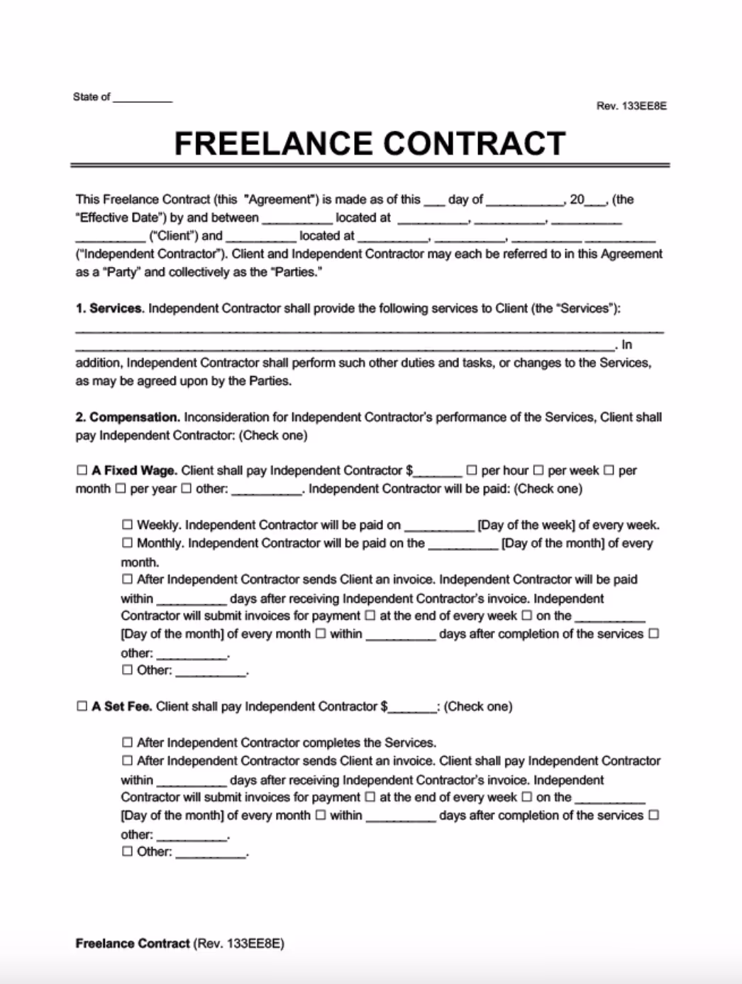 Sample freelance contract template showing sections for services, compensation, and payment terms, including options for fixed wage, set fee, invoicing, and payment schedules.