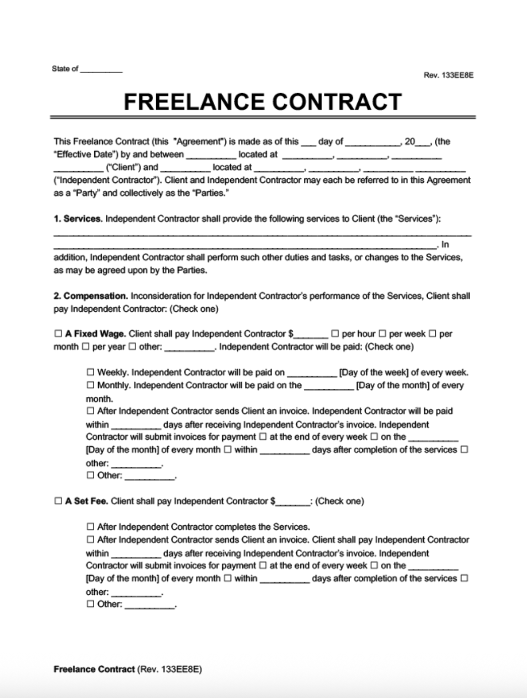 Sample freelance contract template showing sections for services, compensation, and payment terms, including options for fixed wage, set fee, invoicing, and payment schedules.